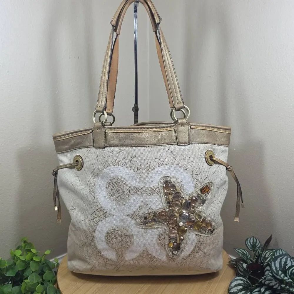 Coach Audrey Leigh Slim Tote | Bronze Gold Starfish Canvas Tote | Style 17031